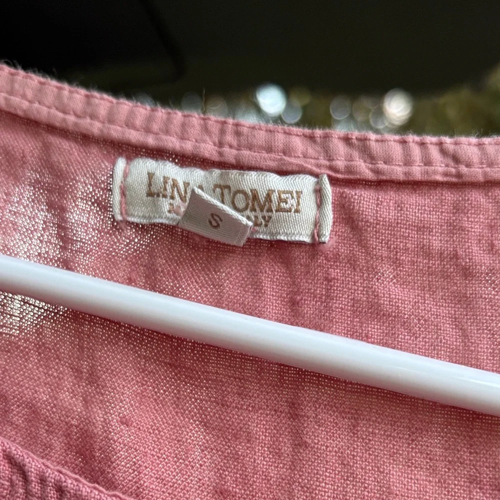 Lina Tomei Linen Top S Pink Rose Embroidered Hem Short Sleeve Boho Resort Cruise - Picture 3 of 4